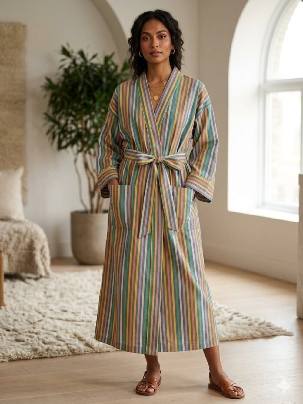 Christian Dior Monsieur OS Unisex Multi-Color Striped Front Pockets Belted Robe